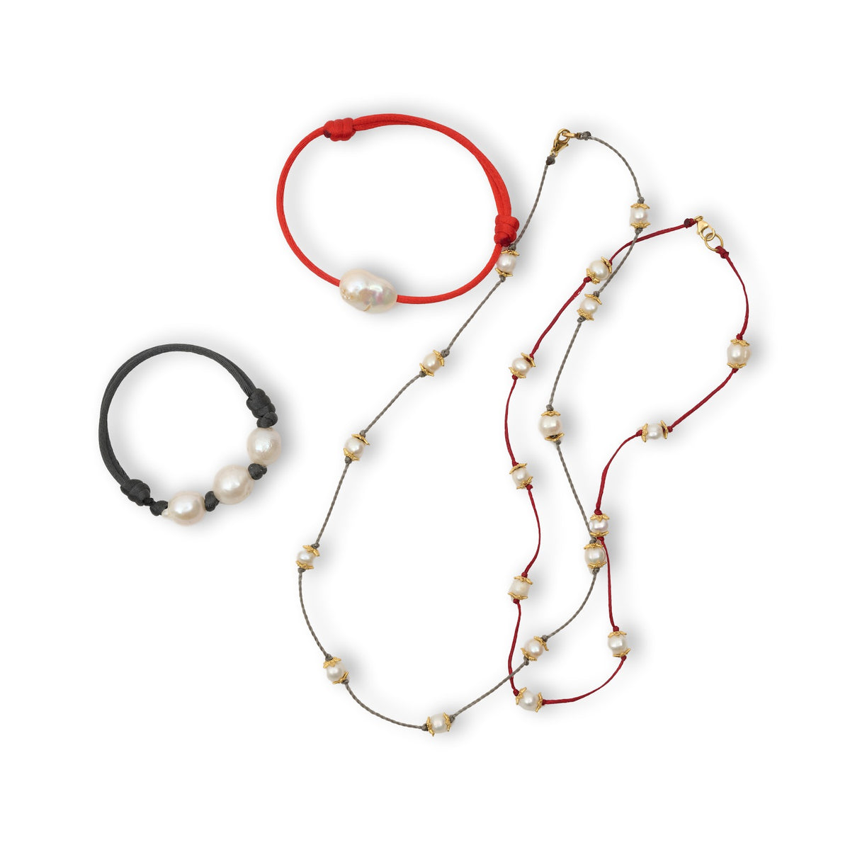 צמיד שלוש פנינים עם חוט משי כותנה מתרחב