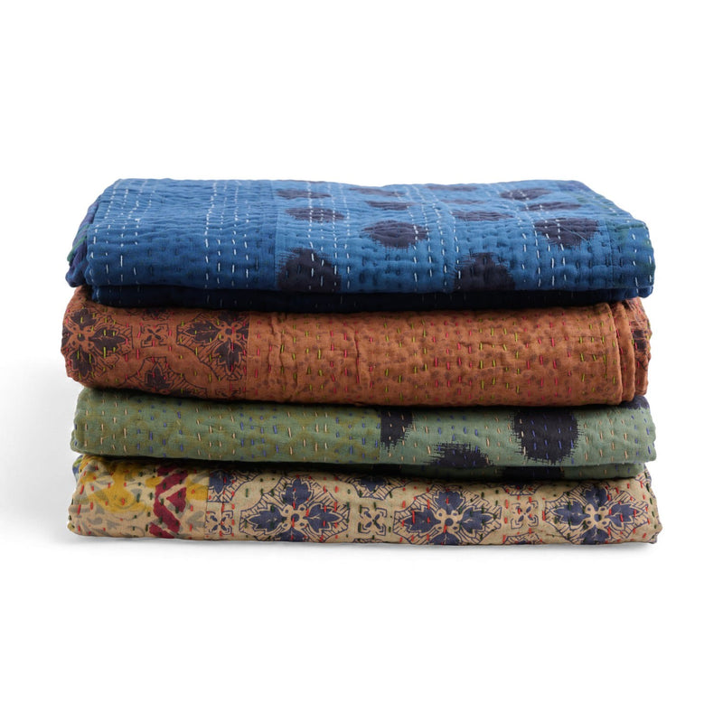 Hand-sewn Kantha Throw Blanket - Blue