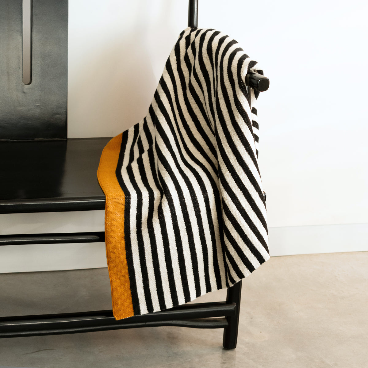 Knitted Cotton Throw - B&W stripes with Mustard border