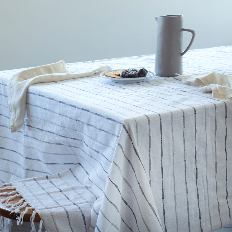 Tablecloth White with Black Lines/Fringes